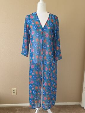 Solkissed Blue Floral Printed Barcelona Kimono Coverup Beach Vacation Coastal